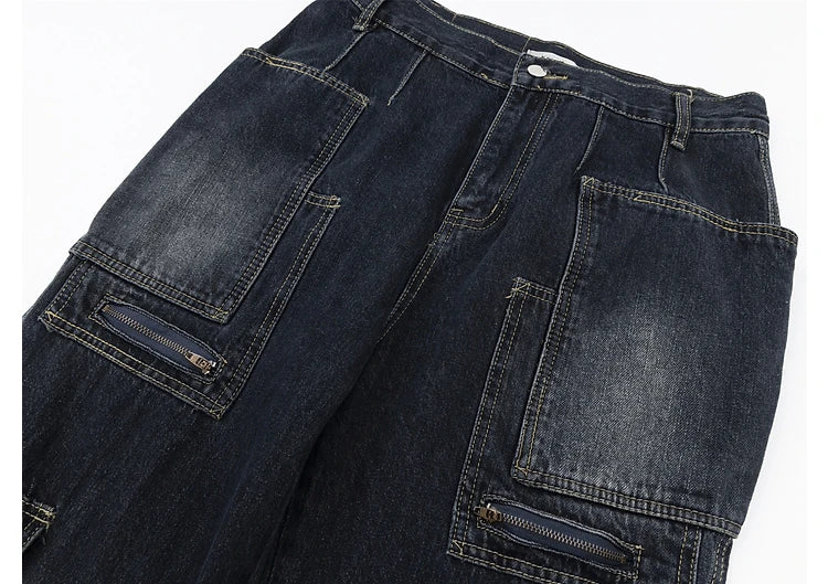 fashion punk rings streetwear loose pants unisex casual multiple pockets wide legs jean pants hip hop joggers men baggy jeans unique joggers style 497