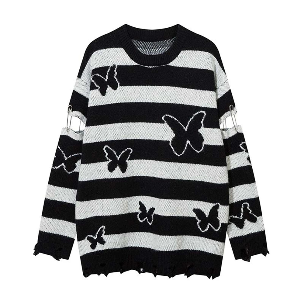 2023 Hip Hop Striped Knitted Sweater Streetwear Butterfly Graphic Distressed Ripped Pullover Men Harajuku Casual Knitwear Unisex Street King Limited