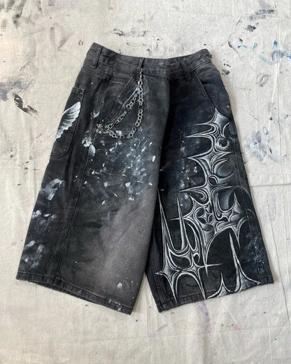y2k american street retro graffiti anime print oversized denim shorts men shorts high waist fashion loose casual wide leg pants unique jeans style 3369