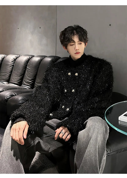 men double breasted french streetwear retro fashion loose casual tassels woolen short jacket man korean coat outerwear unique shorts style 1285