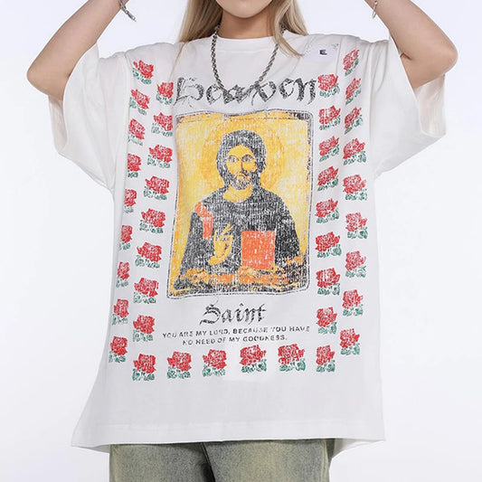 SAINT T-shirts Men Woman New Rose Portrait Printing O-Neck Short Sleeve Summer Loose Lovers Top Tees Street King Limited