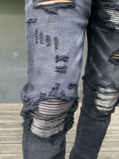 knee hole patckwork skinny denim jeans men slim biker trousers jeans fashion streetwear hip hop retro washed jean pants joggers unique joggers style 2350