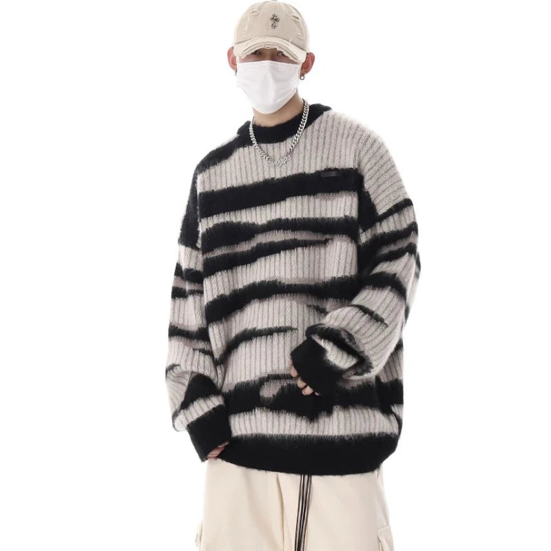 korean hip hop set men striped vintage knit sweater drawstring big pocket cargo pants 2 pcs set spring college casual suit 2024 multi-pocket cargos