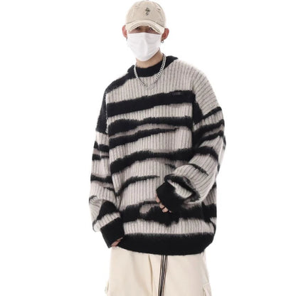 korean hip hop set men striped vintage knit sweater drawstring big pocket cargo pants 2 pcs set spring college casual suit 2024 multi-pocket cargos