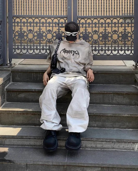 pleat patchwork dir wash racing pants mngu washed distressed white straight overalls dirfit loose trousers unique default style 1332