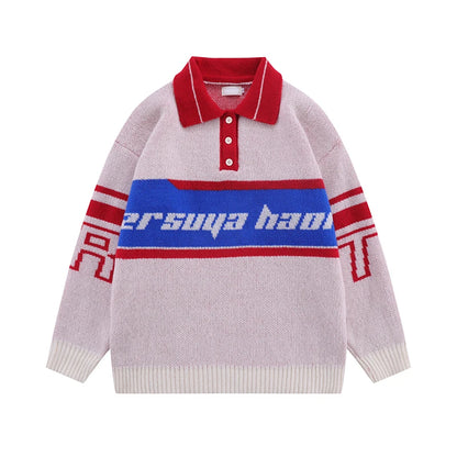 Men Knitted Sweater Jumper Casual Polo Neck Letter Casual Long Sleeve Streetwear Hip Hop Autumn Winter Pullover Knitwear Sweater Street King Limited