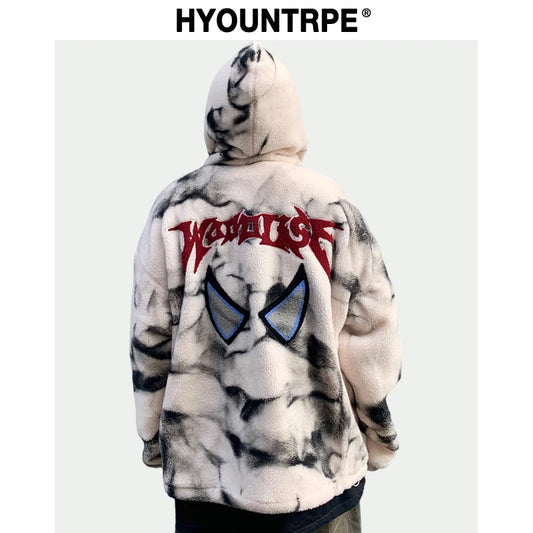 mens harajuku graffiti fleece jackets and coats letter embroidery hairy zipper outerwear warm streetwear parkas bomber jacket clean everyday pants