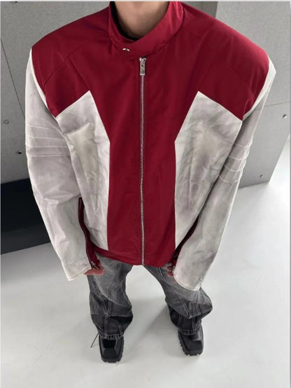 street american color block mens jacket 2024 new autumn zipper patchwork shoulder pads racing coats motorcycle windbreaker unique default style 3234