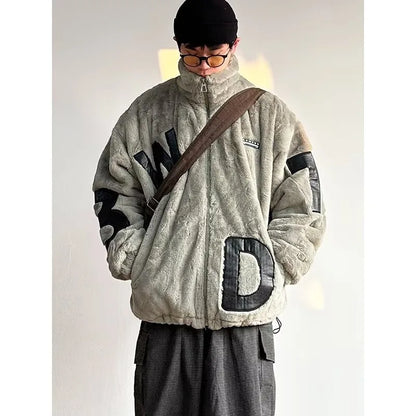 Street Lamb Wool Jacket Mens 2024 Winter Stand Collar Letter Patchwork College Parkas Fleece Warm New Thickening Couple Coats Street King Limited