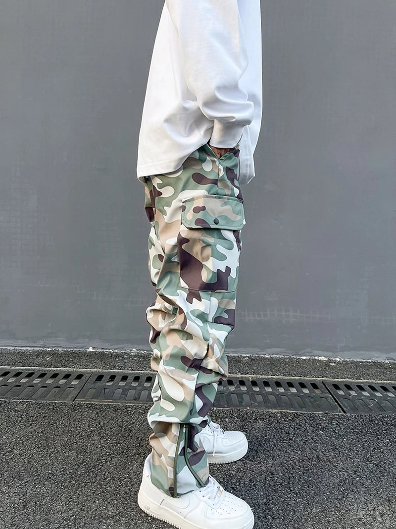 Street Wear Functional Camouflage Cargo Trousers Men Waterproof Pockets Pleated Zip Up Tapered Pants Nylon Belt Men's Clothes Street King Limited