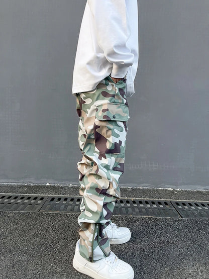 Street Wear Functional Camouflage Cargo Trousers Men Waterproof Pockets Pleated Zip Up Tapered Pants Nylon Belt Men's Clothes Street King Limited