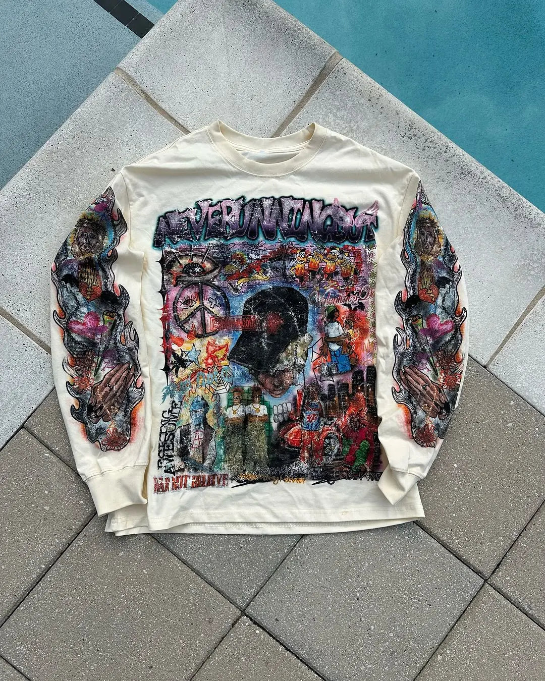 European and American Harajuku Retro Streetwear Gothic Punk Style Letter Print Long-sleeved Men Hip-hop Trend Oversized T-shirt Street King Limited