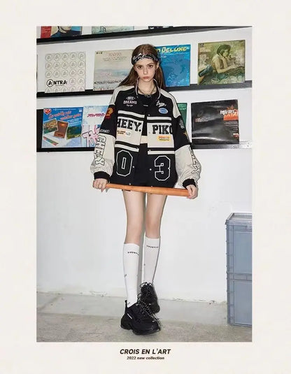 Spring and Autumn American letter printed motorcycle baseball jacket street style racing couple style goth  denim jacket women Street King Limited
