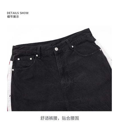 men streetwear fashion side splice hip hop loose casual wide leg straight baggy jeans pant cityboy jeans pants trousers unique jeans style 2484