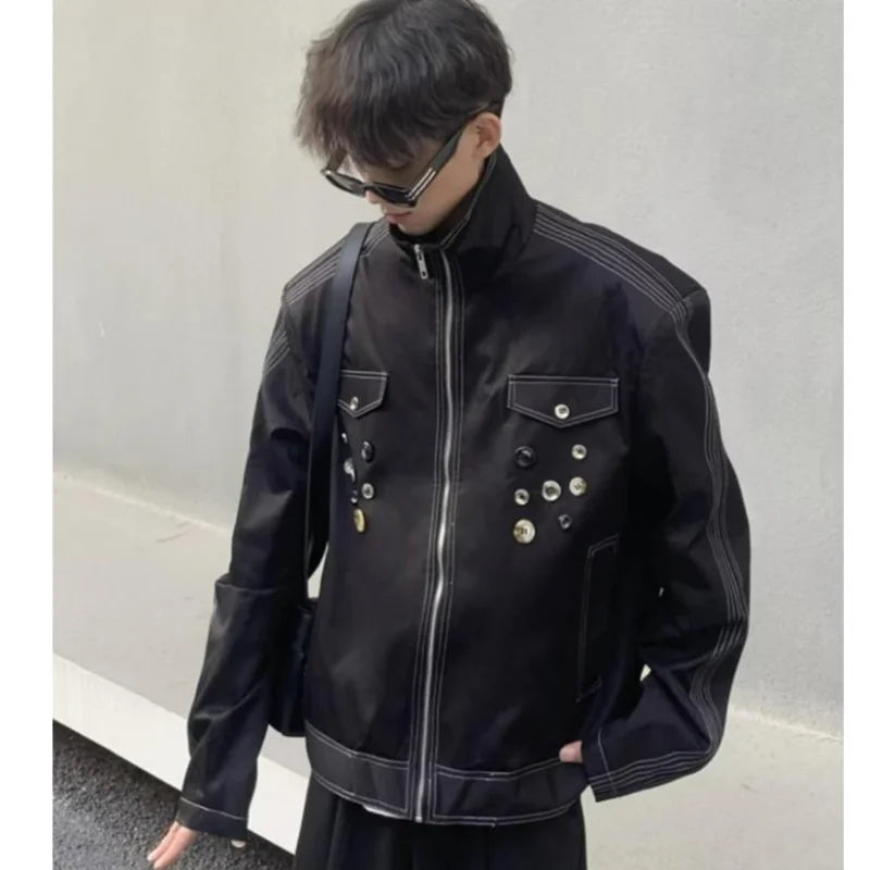 spring retro irregular button mens jacket shoulder pad design trend high street coats motorcycle fashion stand collar outwear unique default style 3851