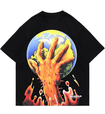 Aolamegs Men Horror Hand Earth Printed T-shirt Summer Gothic Hip Hop Style Tee Tops Cotton Oversized Short Sleeve Men's Clothing Street King Limited