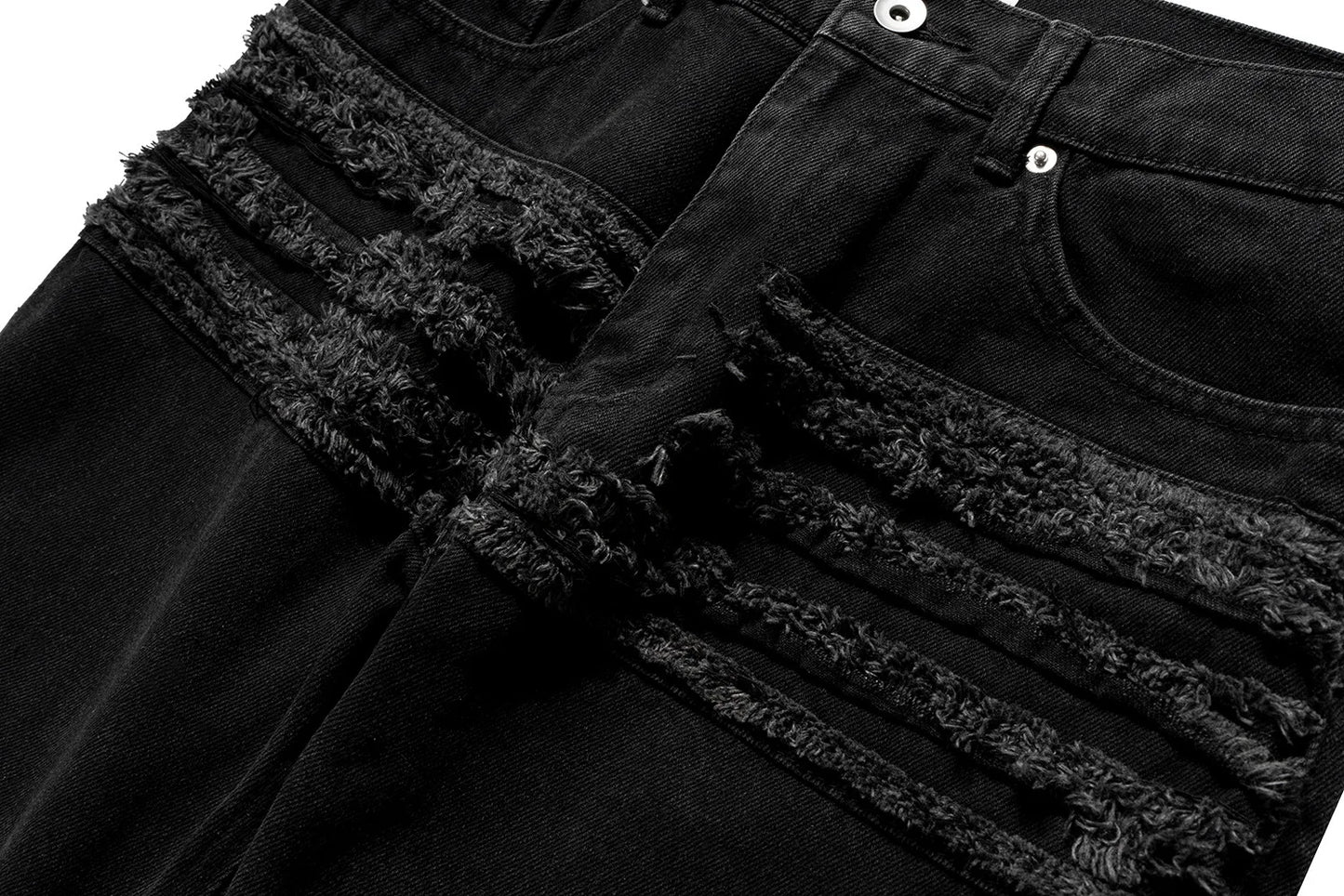 y2k streetwear trendy oversized micro flare jeans black ro hip hop washed tassel distressed denim jean raw edge mens wide pants unique jeans style 4778
