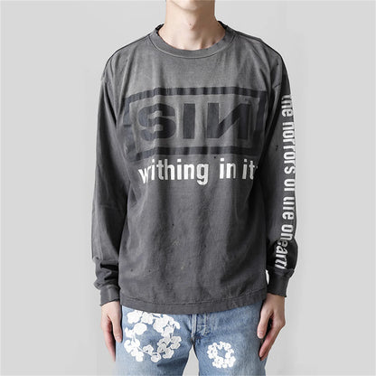 Summer Retro Vintage SIN Print High-Street Distressed Worn Cotton Casual Loose Long Sleeve T-Shirt Pullover Street King Limited