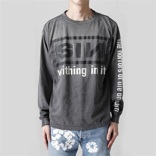 Summer Retro Vintage SIN Print High-Street Distressed Worn Cotton Casual Loose Long Sleeve T-Shirt Pullover Street King Limited
