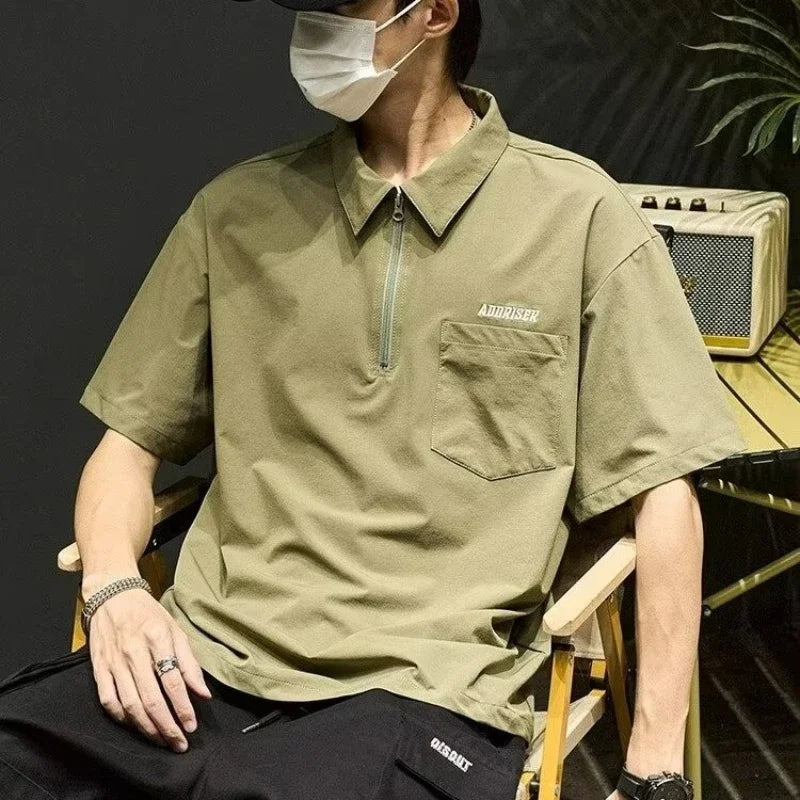 Streetwear Summer Short Sleeve Lapel Polo Shirt Mens Letter Embroidery Zipper Gol Summer Short Sleeve Lapel Polo Shirt Mens Letter Embroidery Zipper Golf Wear 2024 Korean Fashion Streetwear Loose Tee Shirts Fashion Sweater Jacket With Graphic Design For Men