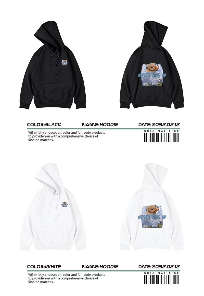 New Never Give Up Bear Printed Hoodies For Men Hip Hop Streetwear Pocket Pullover Sweatshirts Autumn Y2K Vintage Fleece Hoodie Street King Limited