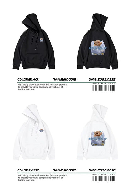 New Never Give Up Bear Printed Hoodies For Men Hip Hop Streetwear Pocket Pullover Sweatshirts Autumn Y2K Vintage Fleece Hoodie Street King Limited