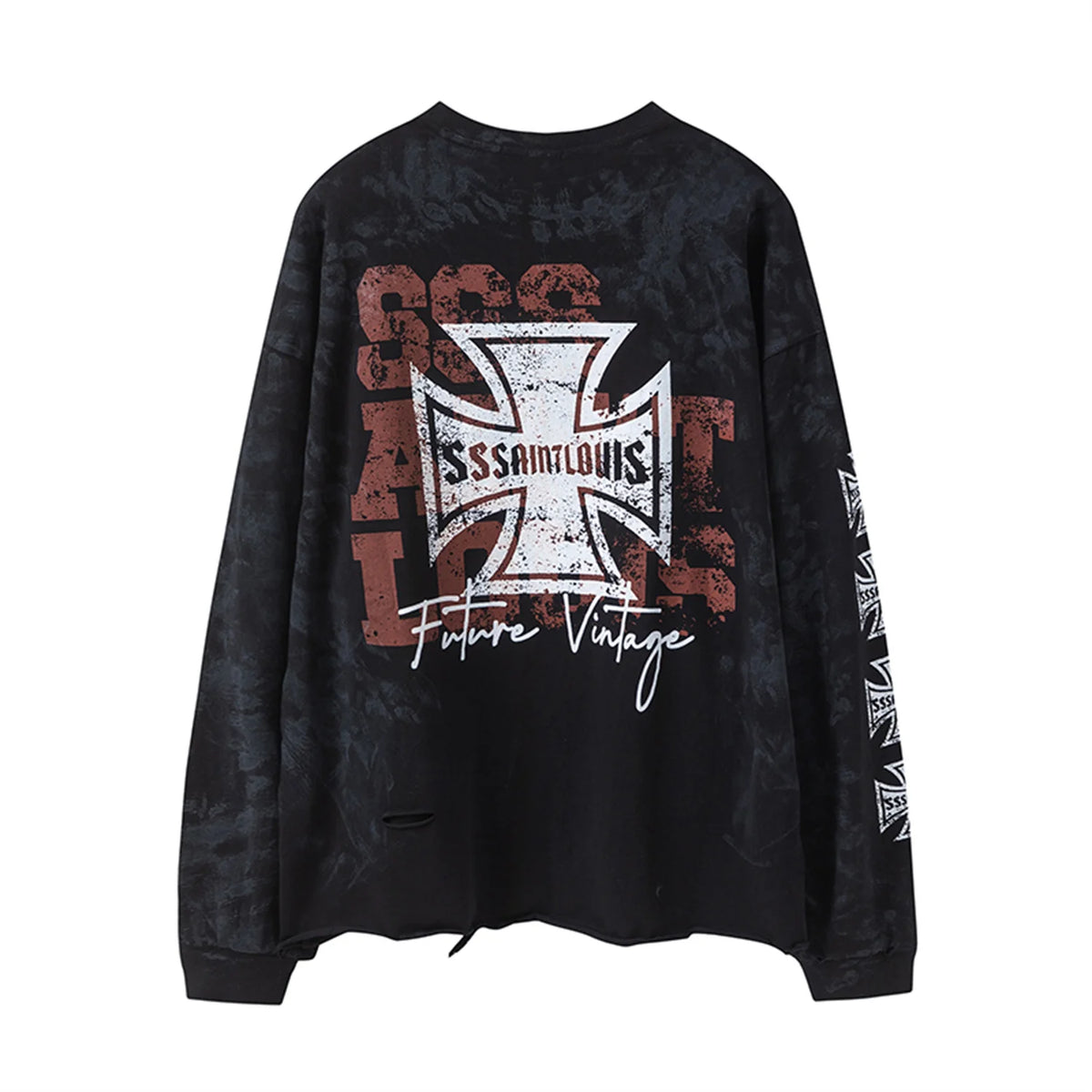 sssaint Louis Vintage Dirty Worn Distressed Cross Print High-Street Graffiti Long Sleeve T Shirt Pullover Summer Street King Limited