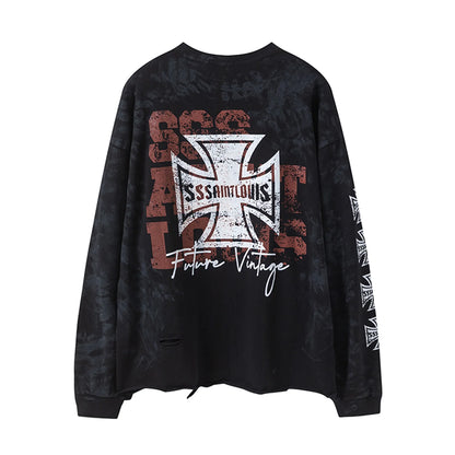 sssaint Louis Vintage Dirty Worn Distressed Cross Print High-Street Graffiti Long Sleeve T Shirt Pullover Summer Street King Limited
