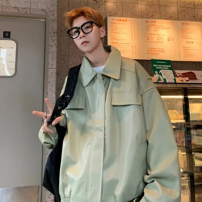 american motorcycle pu leather jacket mens 2024 new streetwear street hip hop trend coats spring new multi pocket lapel outwear unique default style 2892