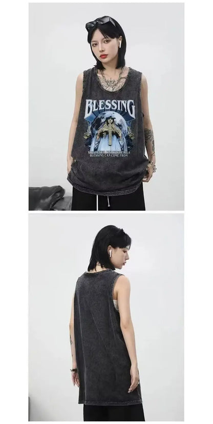 American pure cotton casual vest for outer wear hip-hop retro high street style trendy short-sleeved men's summer printed tops Street King Limited