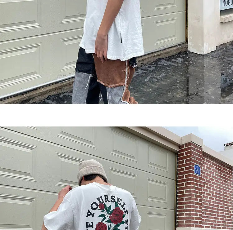Retro back rose print washed distressed t-shirt national fashion brand pure cotton short-sleeved men's couple wear half-sleeved Street King Limited