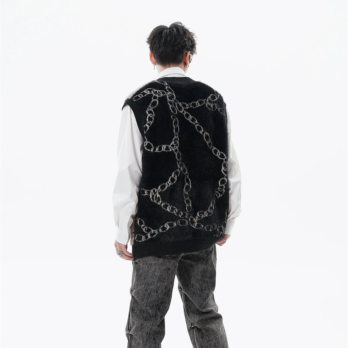 High Street Harajuku Imitation Mink Hair Knitted Vest Chain Color Block V-neck Pullover Sweater Vest Oversized Knitwear Trendy Street King Limited