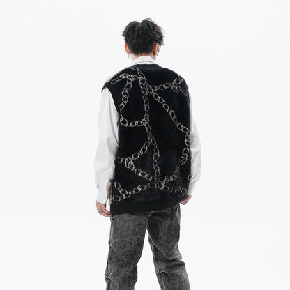 High Street Harajuku Imitation Mink Hair Knitted Vest Chain Color Block V-neck Pullover Sweater Vest Oversized Knitwear Trendy Street King Limited