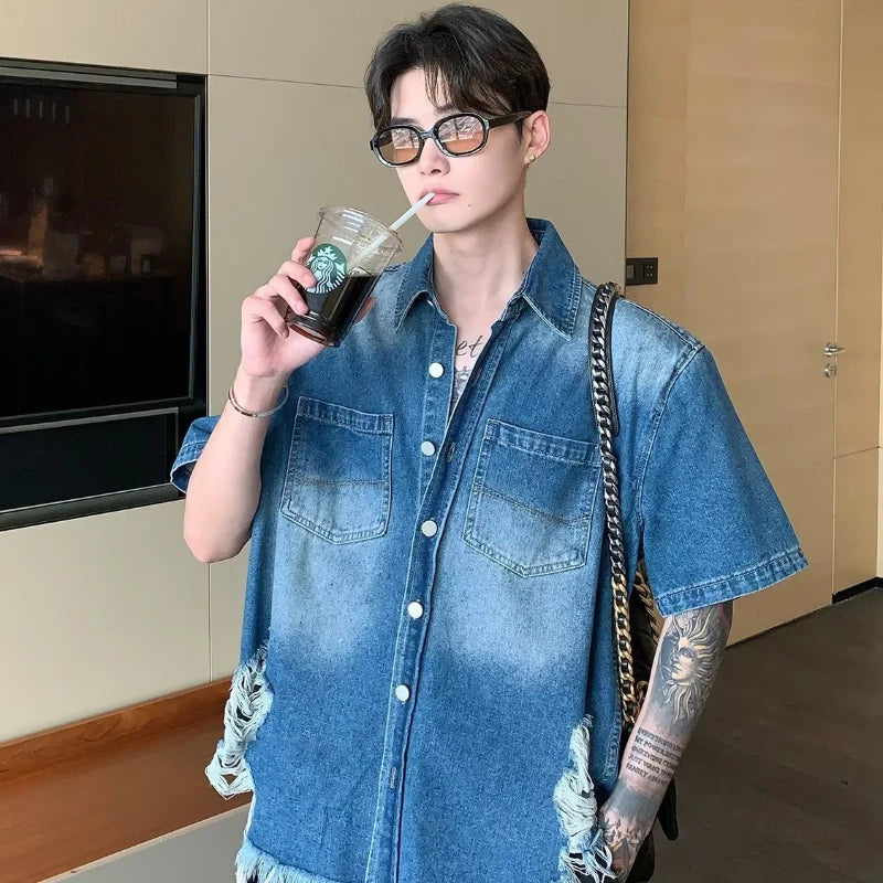 summer trend mens set shoulder padded short sleeved denim shirt quick drying casual pants 2 pcs set american retro street suit ripped baggy denim