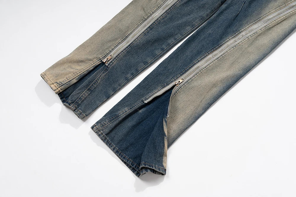Ro Style Gradient Blue Horn Stacked Floor Dragging Jeans Unisex Streetwear Baggy Y2K Ribbons Zipper Denim Trousers Oversized Street King Limited