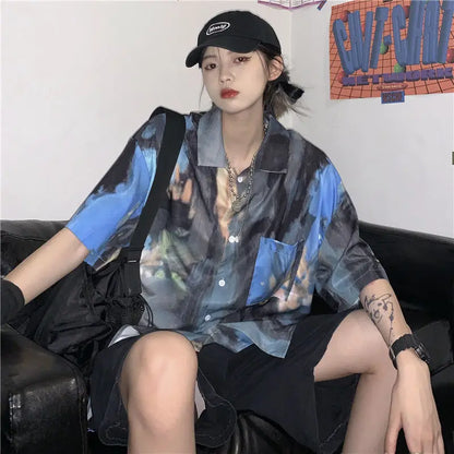 Korean style shirts for men and women 2024 new summer design niche retro tie-dye shirts loose short-sleeved tops trendy y2k tops Street King Limited