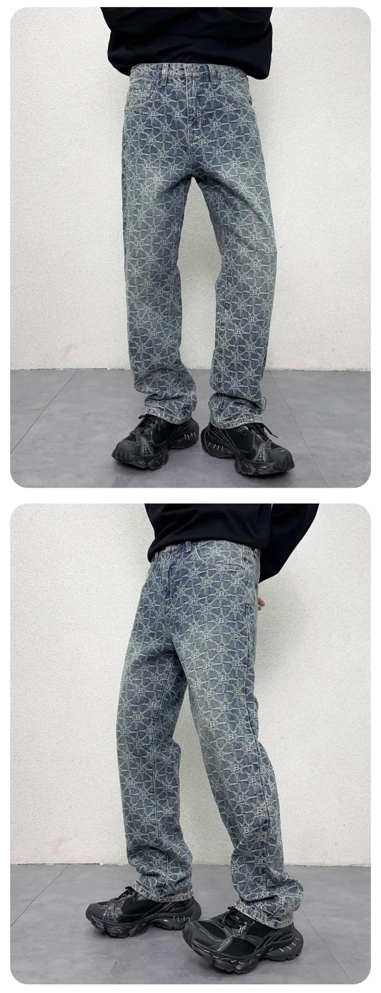 men jacquard streetwear hip hop vibe casual straight denim jeans pants boyfriend high street ripped jeans trousers unique jeans style 3024
