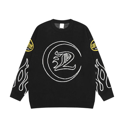 Hip Hop Knitted Sweater Men Letter Fire Pattern O-neck Pullover Streetwear Casual Loose Sweater Unisex Harajuku Jumpers Knitwear Street King Limited
