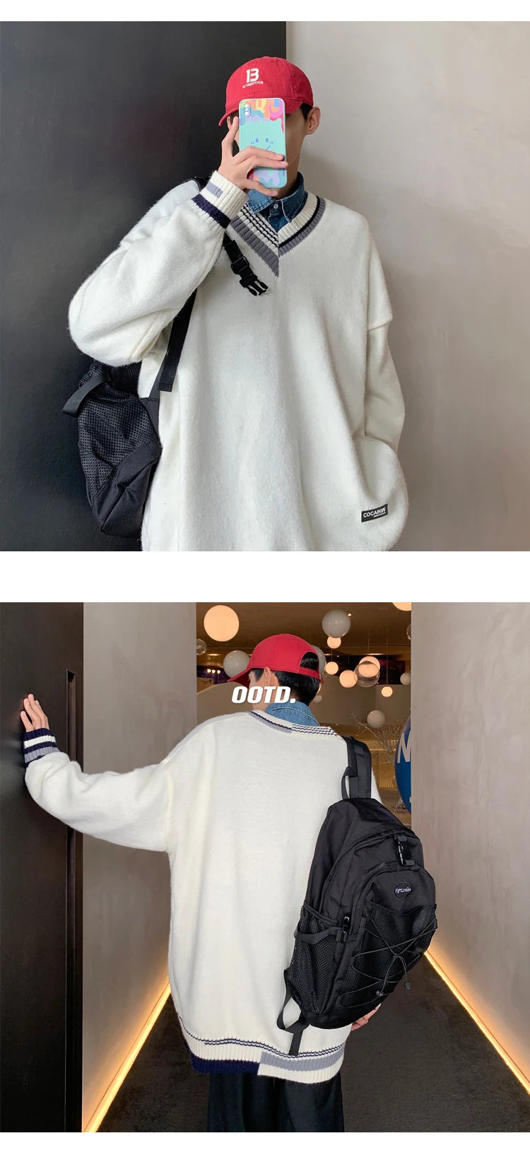 Pullovers Men Sweater Patchwork Ins Fashion Winter Design Couple V-neck Harajuku Knitwear Loose Students Simple Ropa Para Hombre Street King Limited