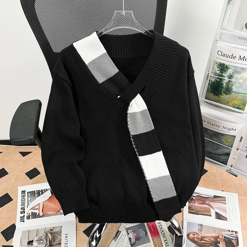 New Men's Scarf Collar Striped V-neck Sweater Female Long Sleeve Autumn Knitted Jumpers Korean Fashion Y2K Patchwork Knitwear Street King Limited