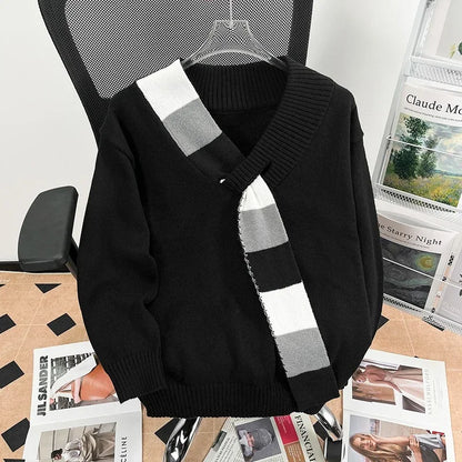 New Men's Scarf Collar Striped V-neck Sweater Female Long Sleeve Autumn Knitted Jumpers Korean Fashion Y2K Patchwork Knitwear Street King Limited