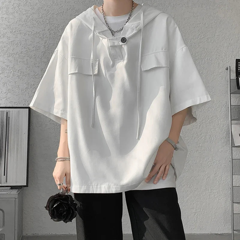 5 Colors Summer Hooded T shirt Men Korean Half Sleeve Pullover Streetwear Loose T-shirt Tops Drawstring Men Clothing Street King Limited