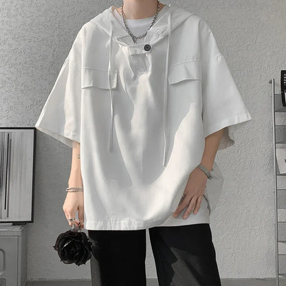 5 Colors Summer Hooded T shirt Men Korean Half Sleeve Pullover Streetwear Loose T-shirt Tops Drawstring Men Clothing Street King Limited