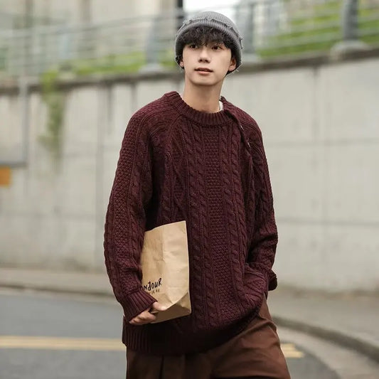Thicken Japanese Retro Sweater Mens 2024 New College Couples Casual Warm Round Neck Pullover Red Simplicity Knitted Jacket Street King Limited