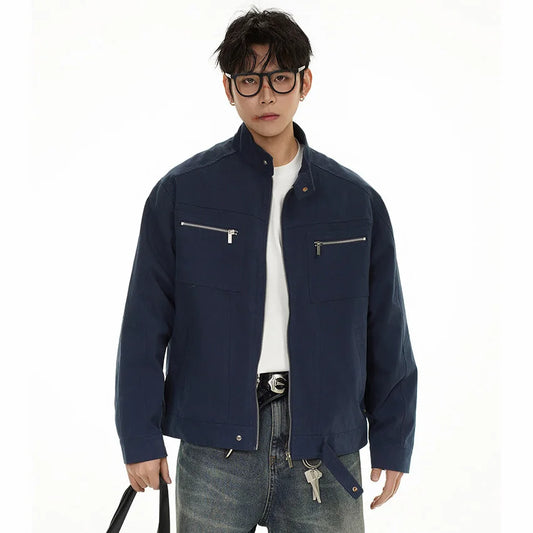 2025 spring fashion motorcycle jacket men stand collar loose casual korean streetwear vintage short jackets man autumn coat drawstring street shorts