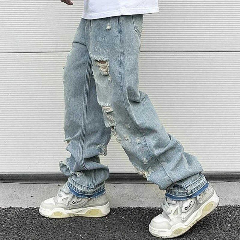 Hip Hop Washed Knee Hole Baggy Wide Leg Casual Jeans for Men Y2K Ripped Loose Distressed Denim Trousers Oversized Cargo Pants Street King Limited