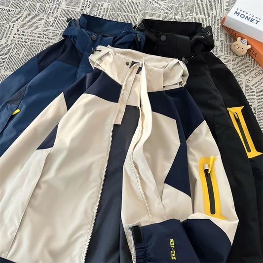 new colorblock pocket zip up hooded outdoor jackets for men fashion waterproof casual bomber jacket y2k motorcycle veste homme minimalist street pants