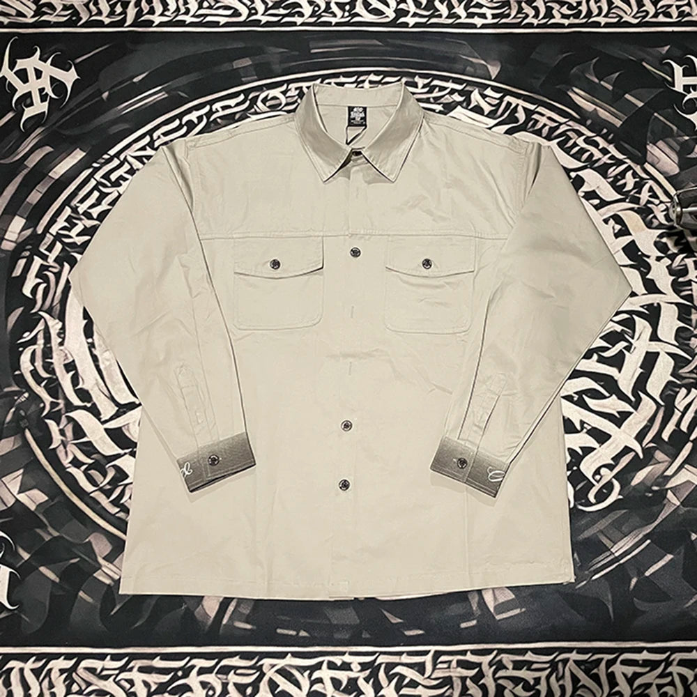 Back Characater Letter Print Washed Autumn Shirts for Men Lapel High Street Baggy Y2k Camisas Oversized Long Sleeve Blouses Street King Limited