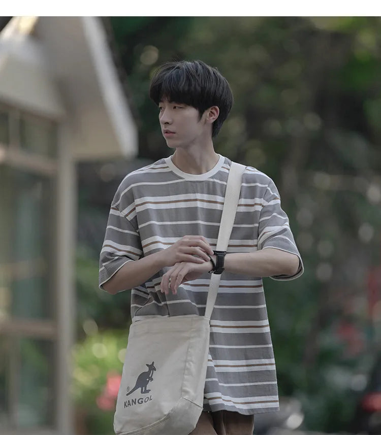 Japanese Striped Short-Sleeved Men's Summer Loose Three-Quarter Sleeve T-Shirt Trendy Casual Versatile Student Couple T-Shirt Street King Limited
