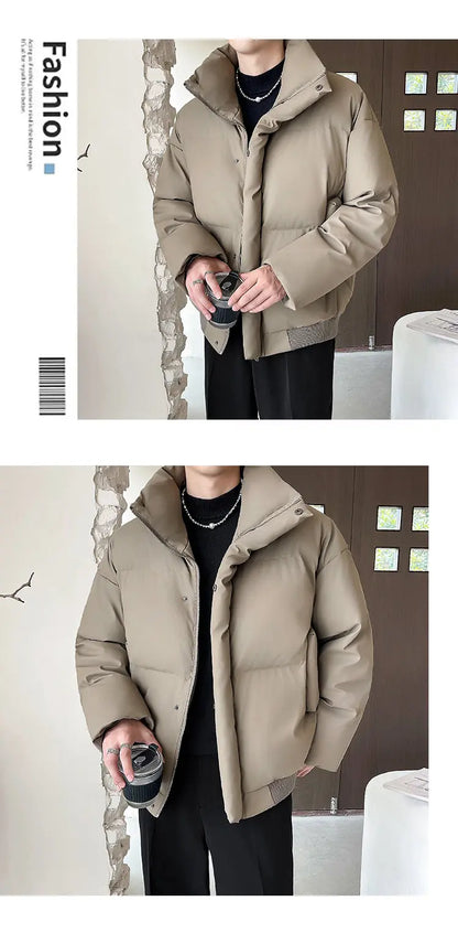 Winter Stand Collar Thicken Leather Short Jacket Men Fashion Loose Casual Warm Cotton-padded PU Leather Bomber Jacket Parka Coat Street King Limited